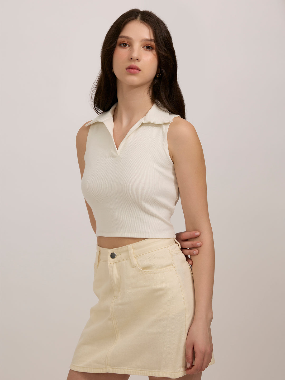 Off White Ribbed Top With Bow Detail