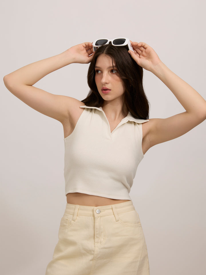 Off White Ribbed Top With Bow Detail