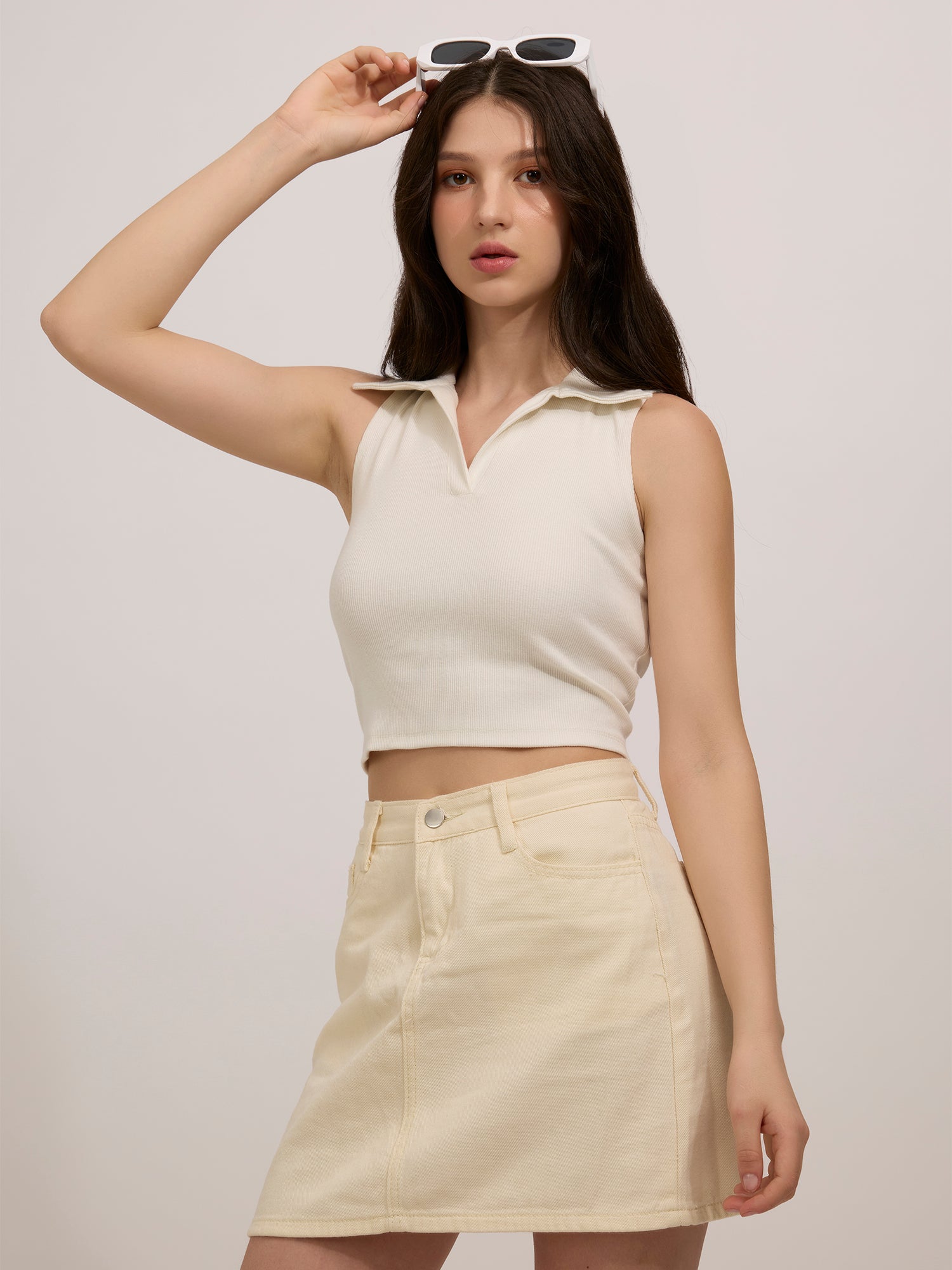 Off White Ribbed Top With Bow Detail