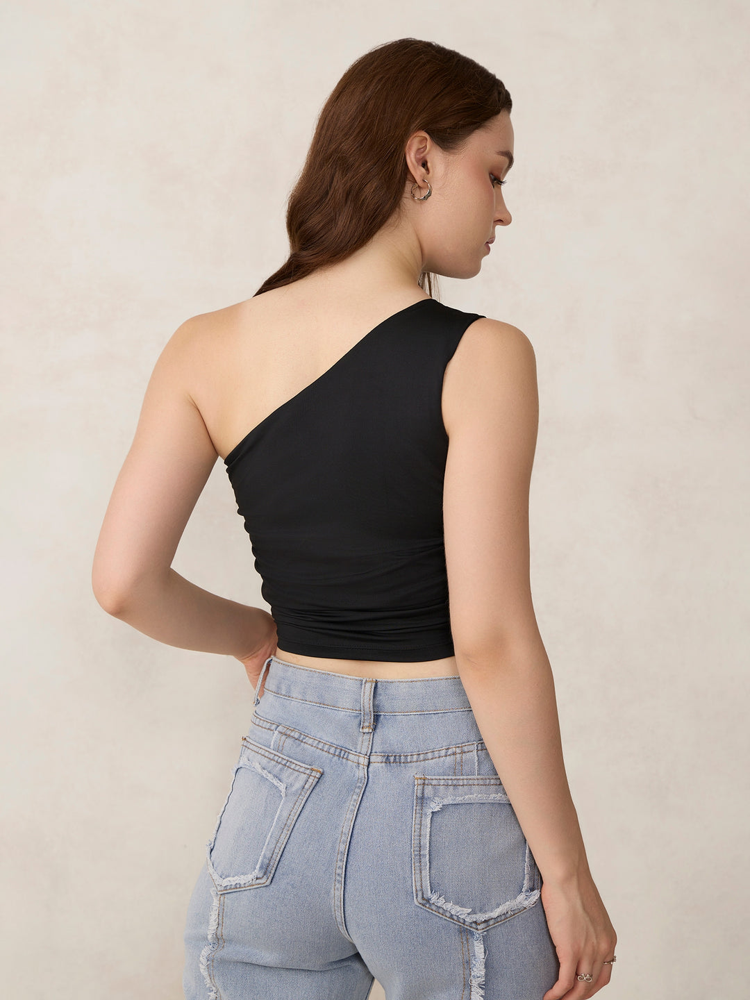 Black One Shoulder Side Ruched Tank