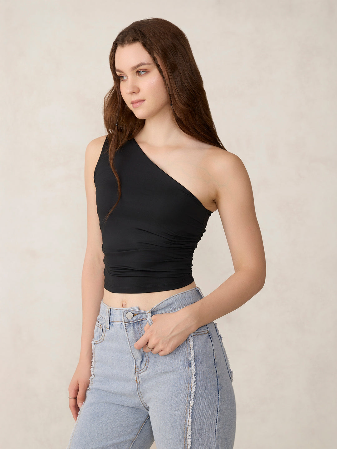 Black One Shoulder Side Ruched Tank