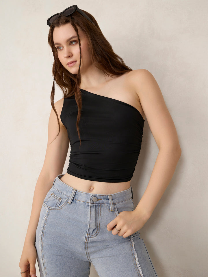 Black One Shoulder Side Ruched Tank
