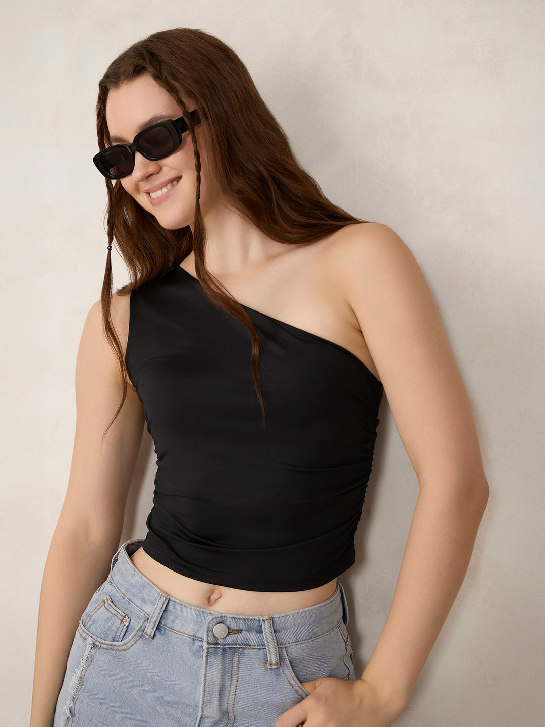 Black One Shoulder Side Ruched Tank