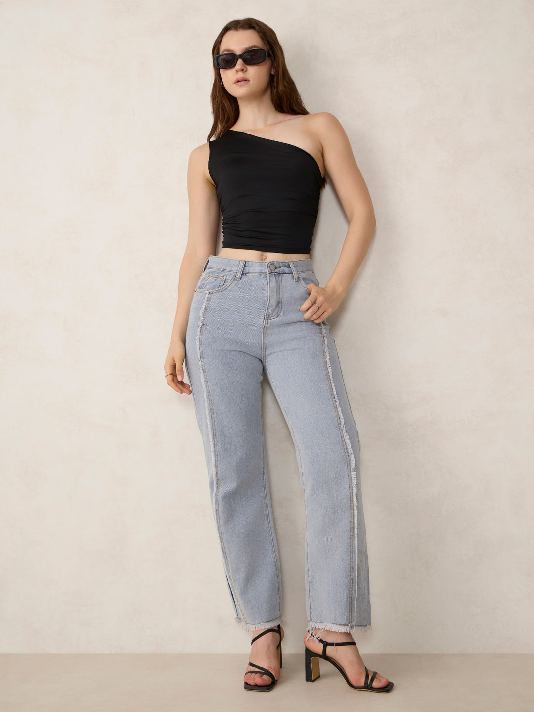 Black One Shoulder Side Ruched Tank
