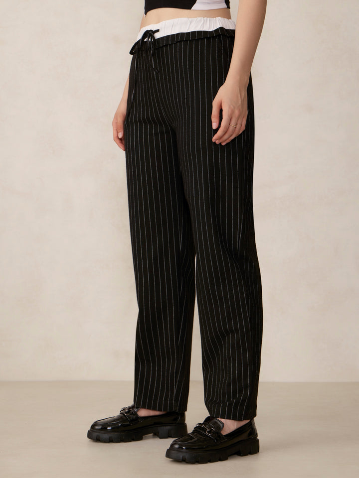 Black Double Waist Band Stripe Trouser
