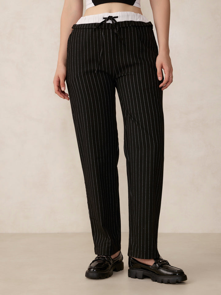 Black Double Waist Band Stripe Trouser