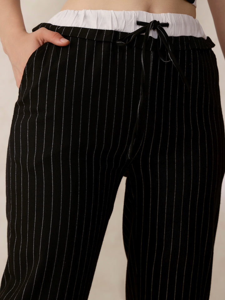 Black Double Waist Band Stripe Trouser