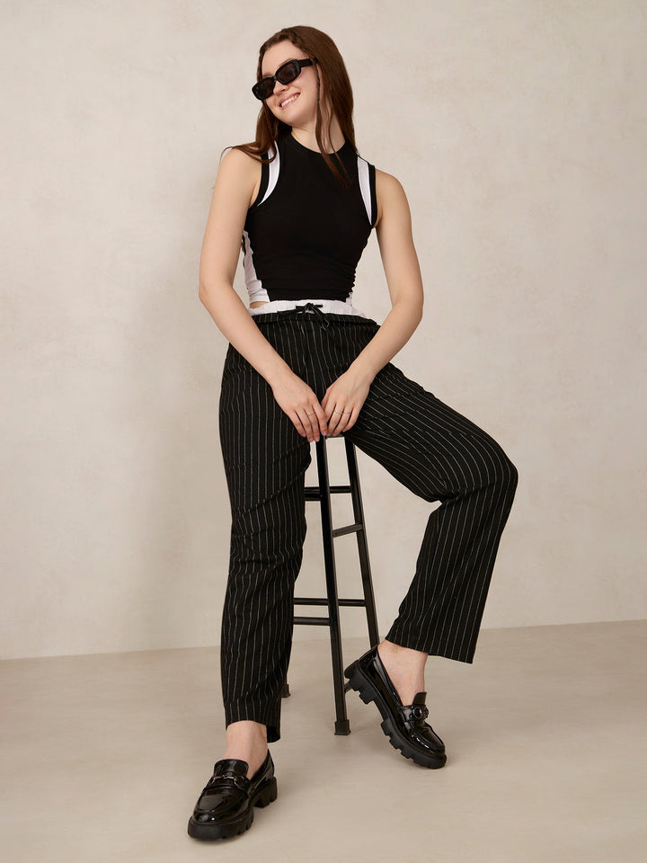 Black Double Waist Band Stripe Trouser