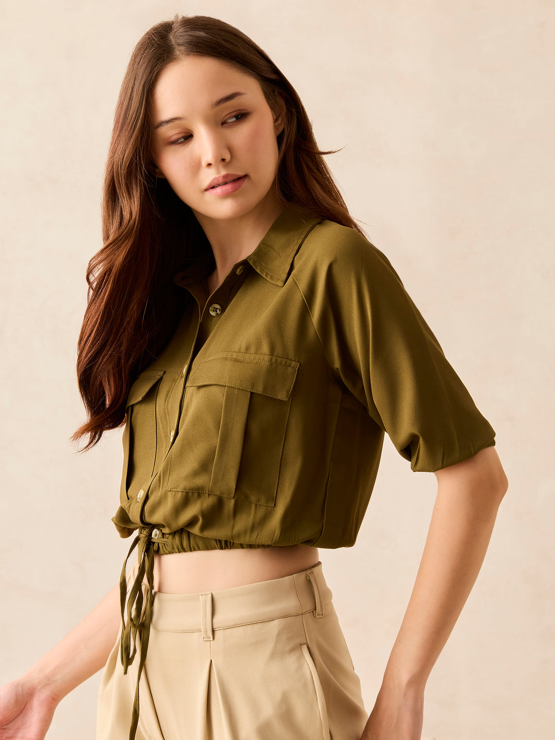 Olive Cropped Utility Shirt
