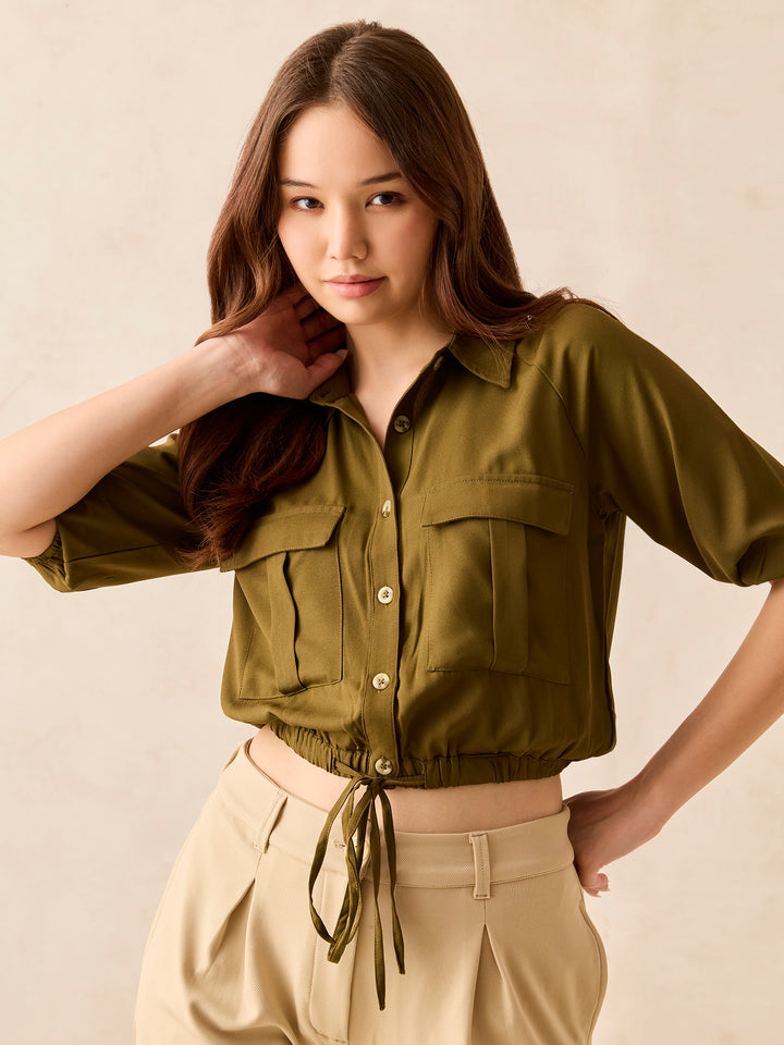Olive Cropped Utility Shirt