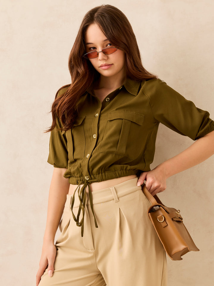 Olive Cropped Utility Shirt