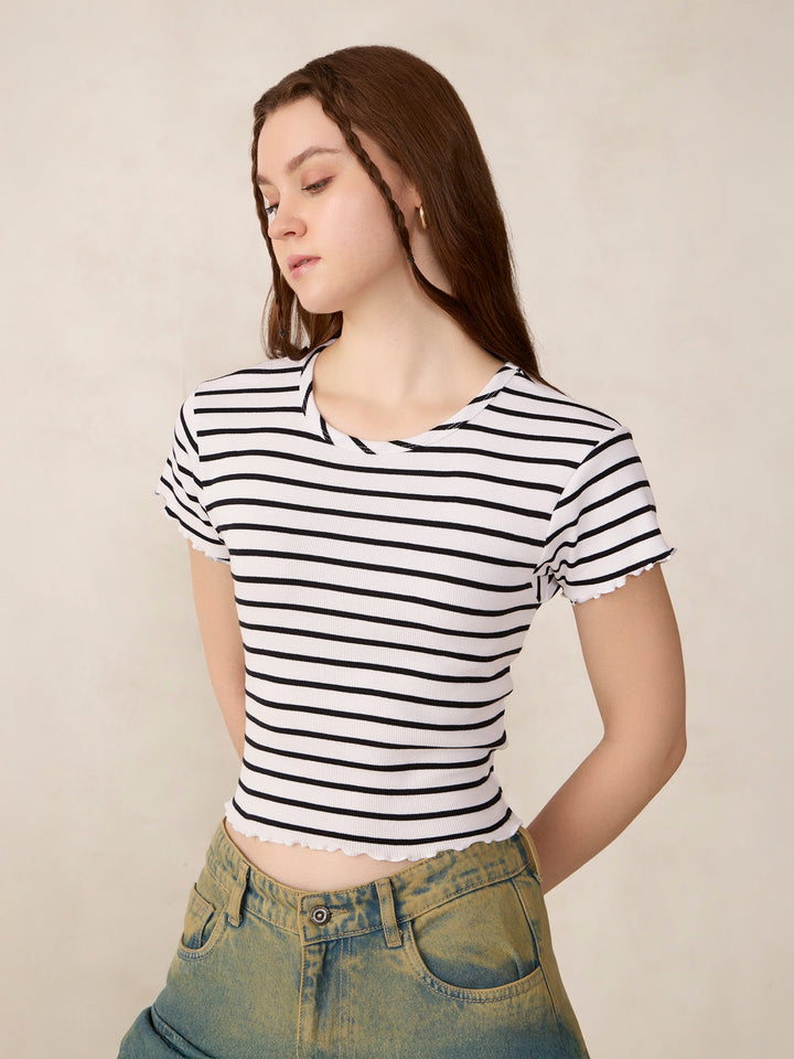 White Striped Ribbed T-Shirt