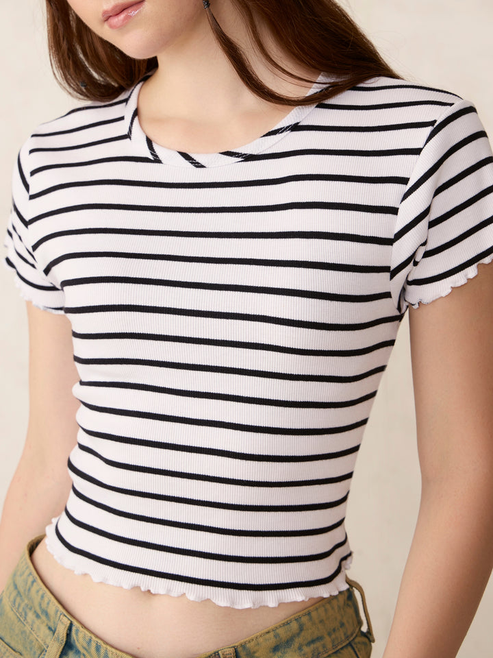 White Striped Ribbed T-Shirt