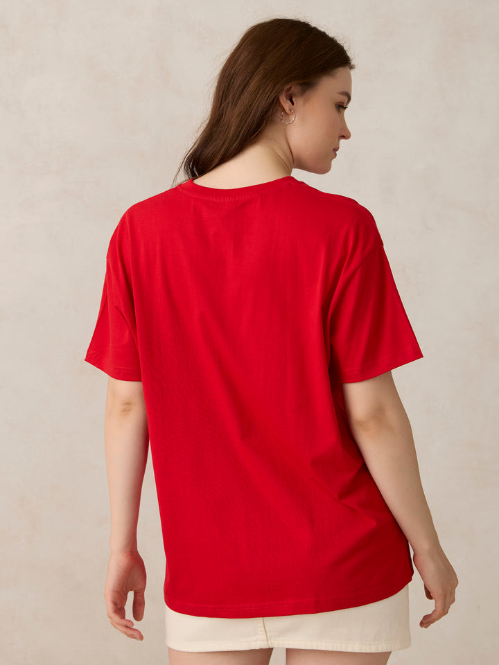 Red V Neck Solid Oversized T-Shirt