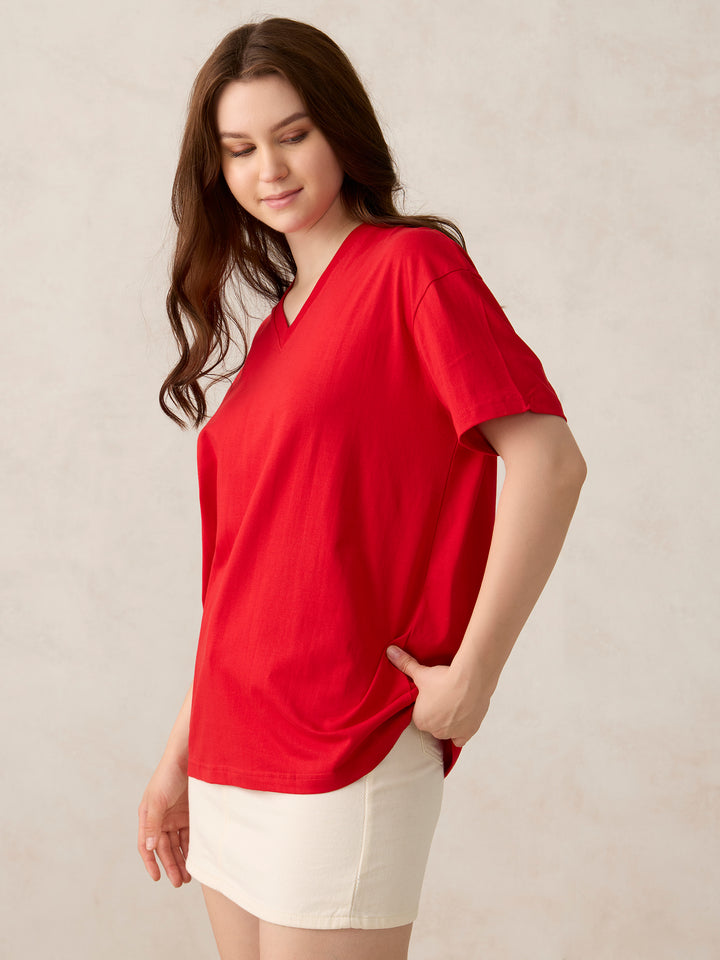 Red V Neck Solid Oversized T-Shirt