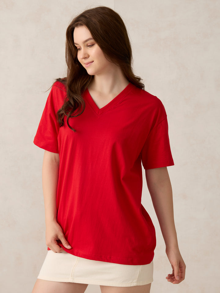 Red V Neck Solid Oversized T-Shirt