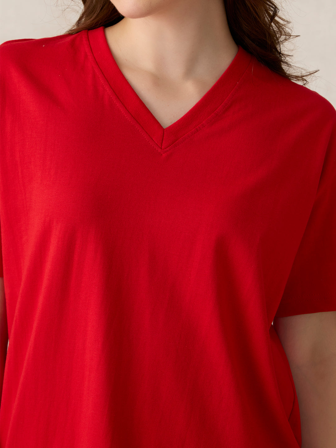 Red V Neck Solid Oversized T-Shirt