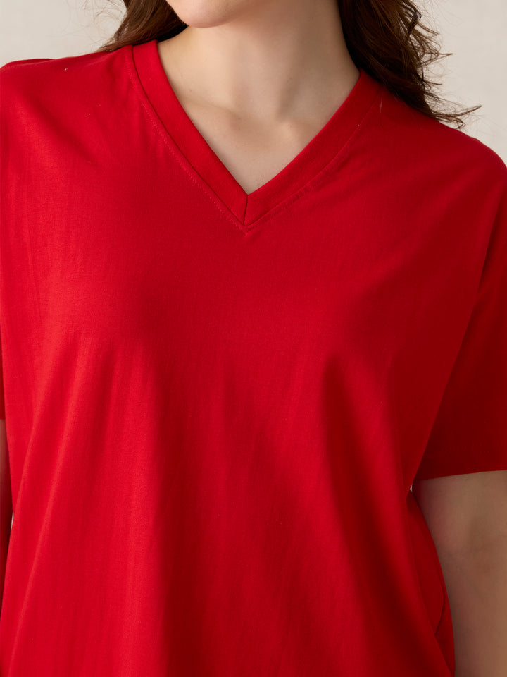 Red V Neck Solid Oversized T-Shirt