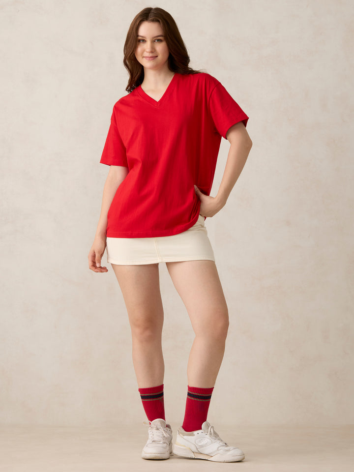 Red V Neck Solid Oversized T-Shirt