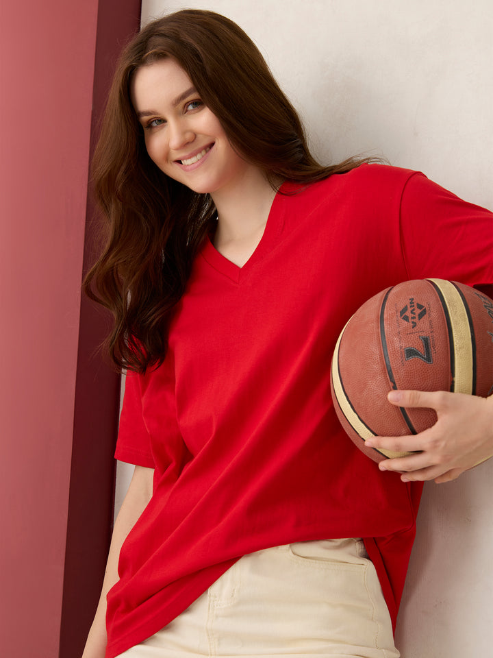 Red V Neck Solid Oversized T-Shirt