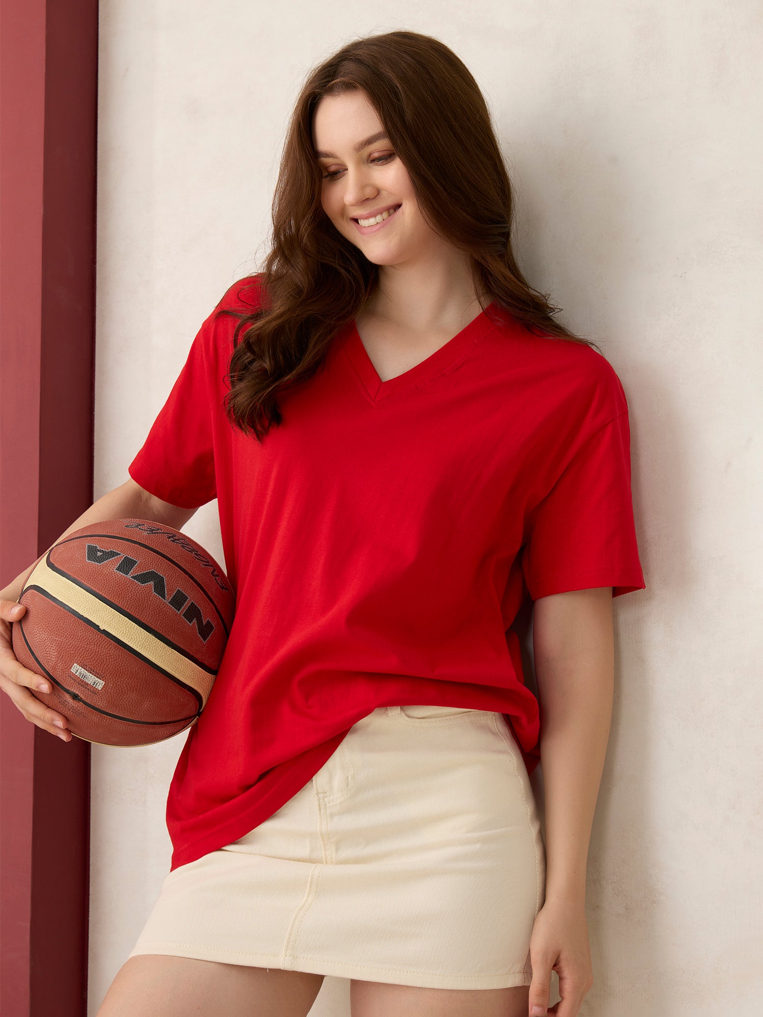 Red V Neck Solid Oversized T-Shirt