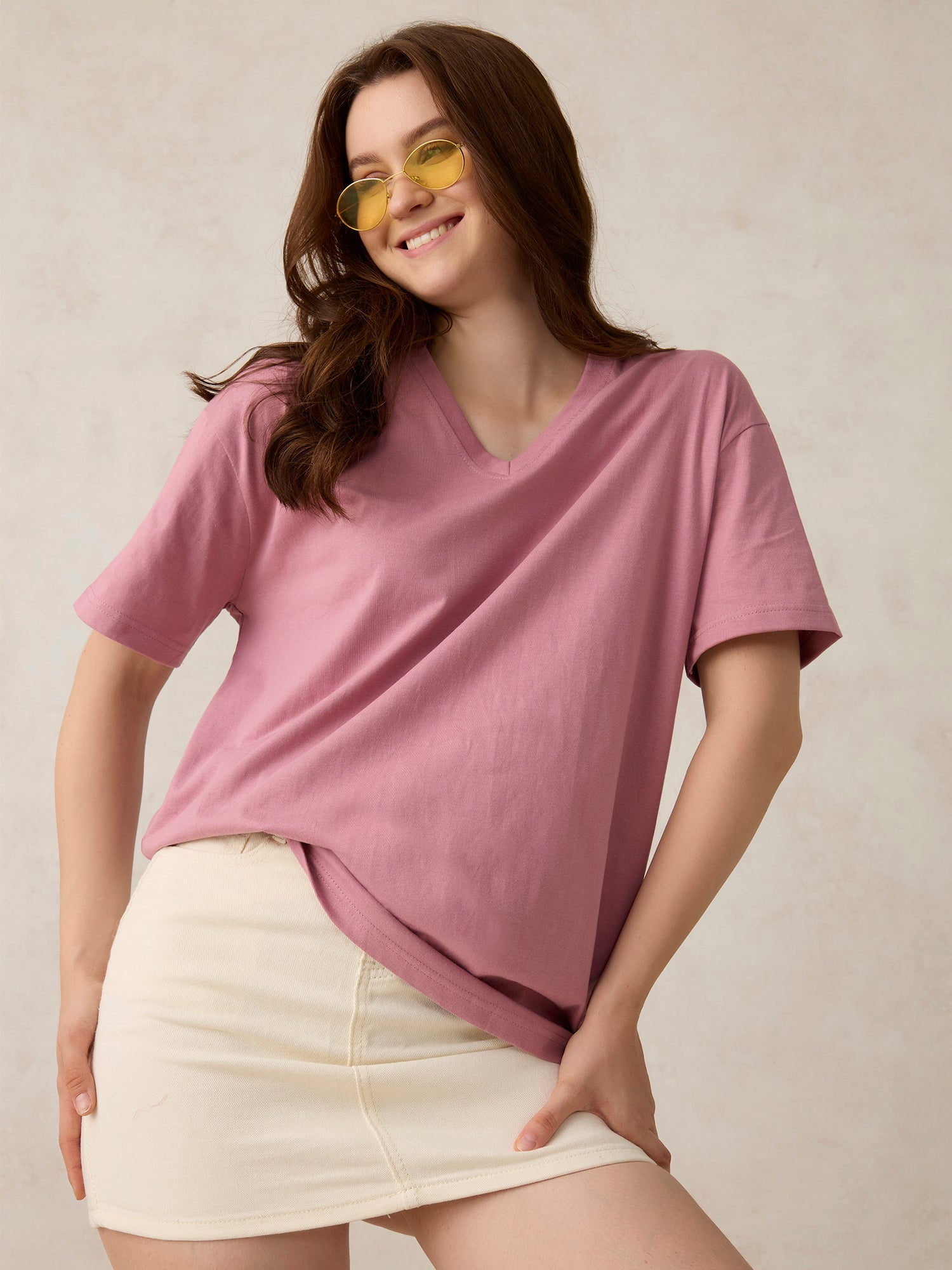 Pink V Neck Solid Oversized T-Shirt