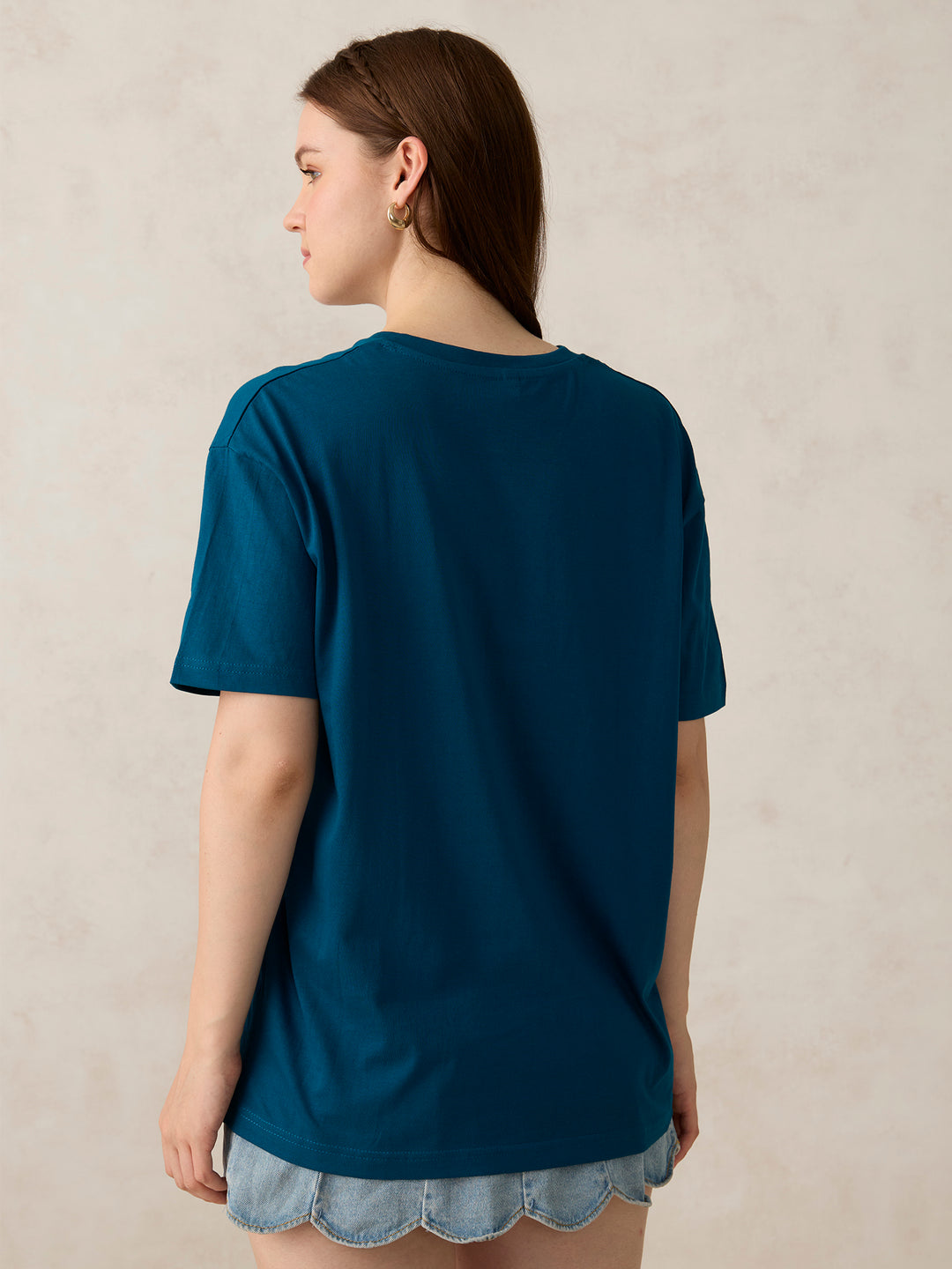 Teal V Neck Solid Oversized T-Shirt