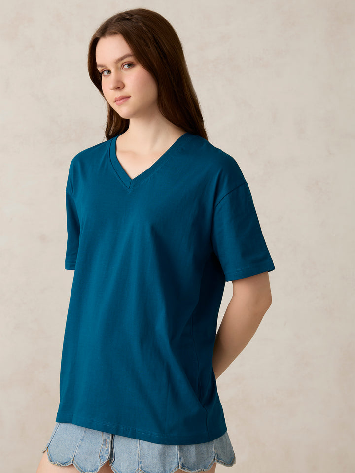 Teal V Neck Solid Oversized T-Shirt