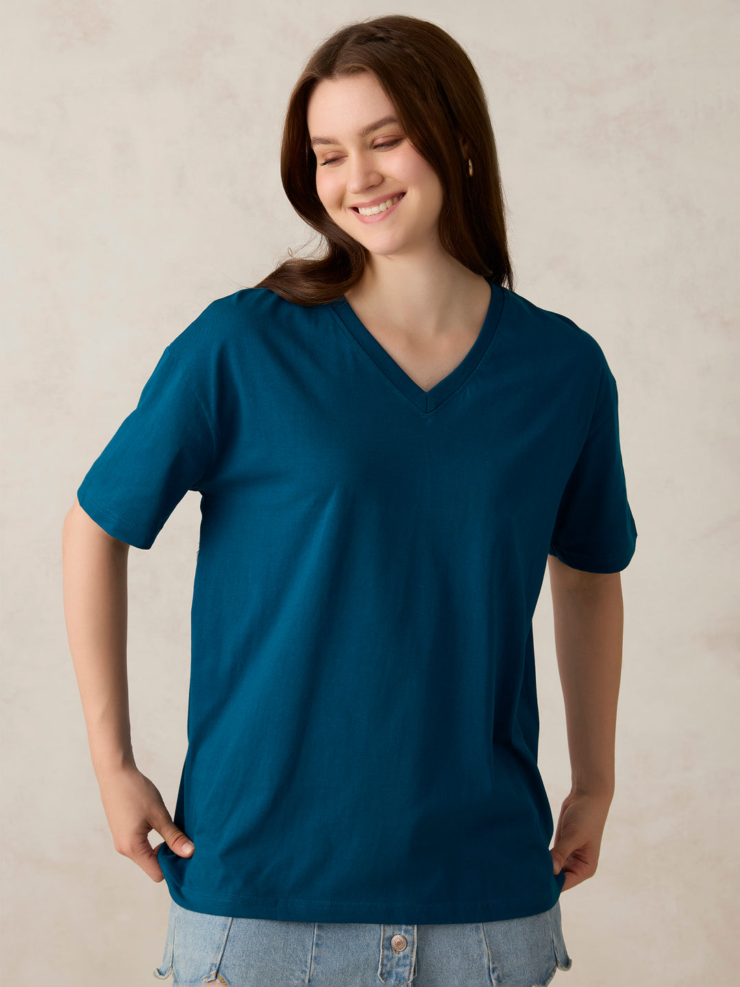 Teal V Neck Solid Oversized T-Shirt