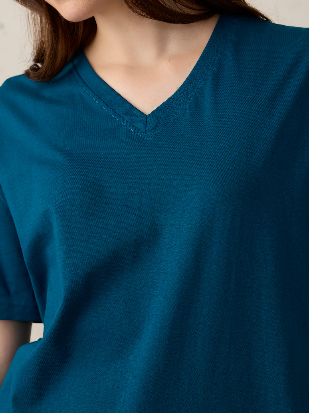Teal V Neck Solid Oversized T-Shirt