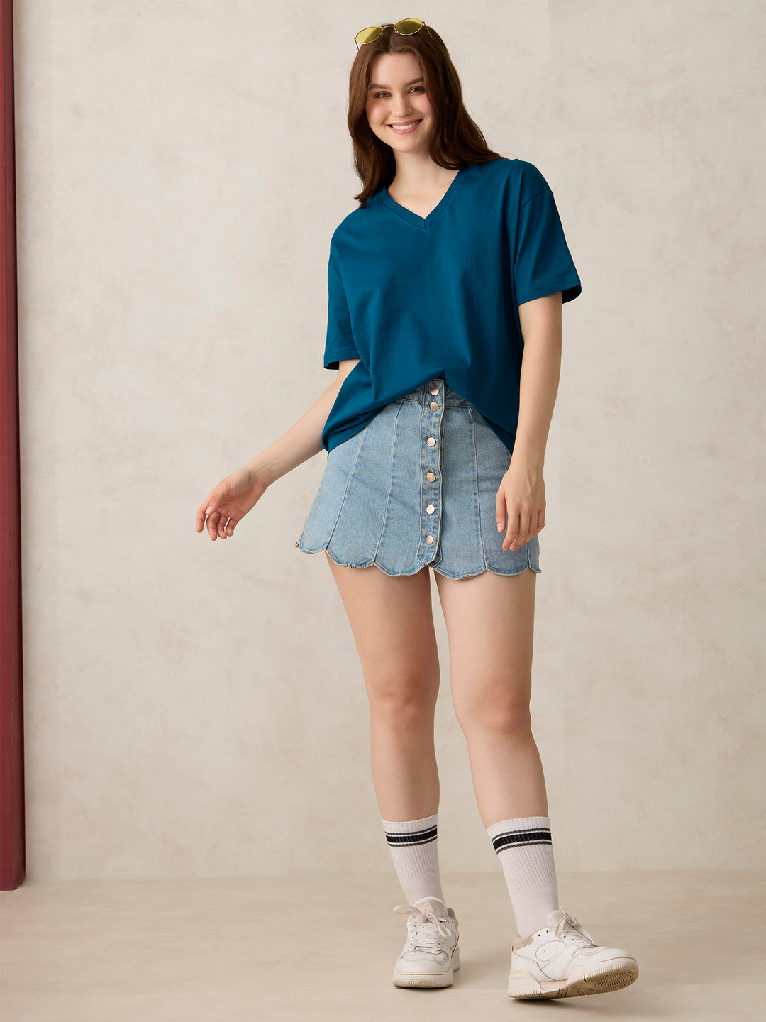 Teal V Neck Solid Oversized T-Shirt