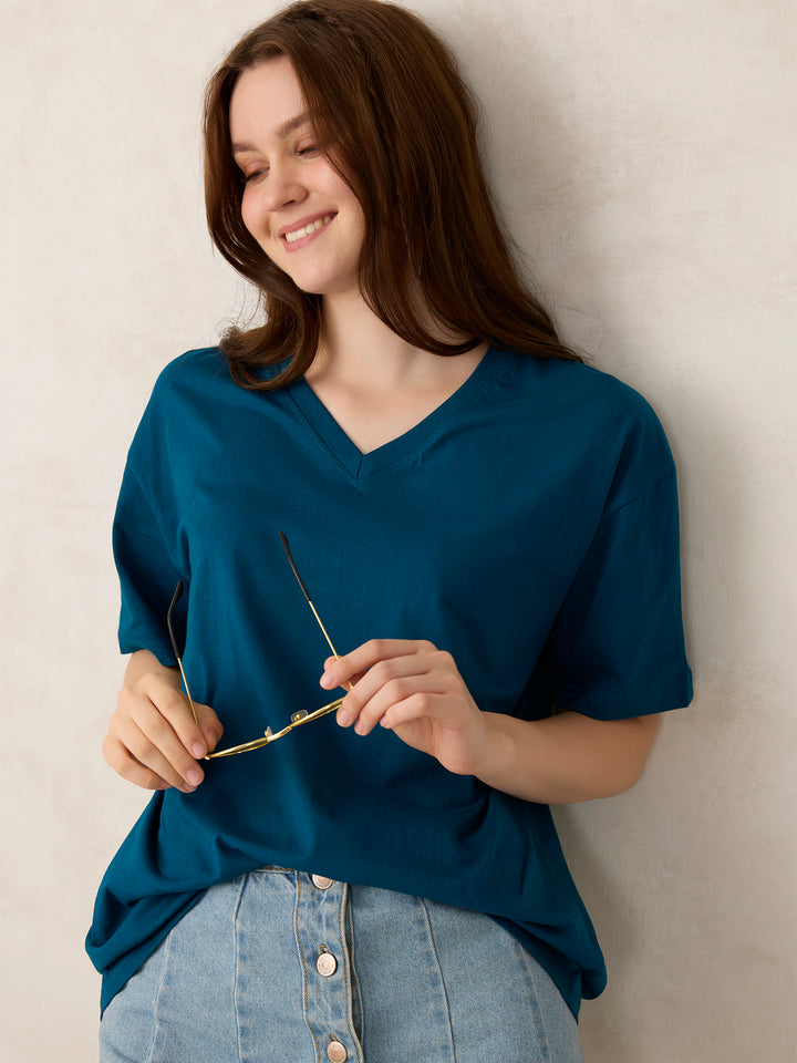 Teal V Neck Solid Oversized T-Shirt