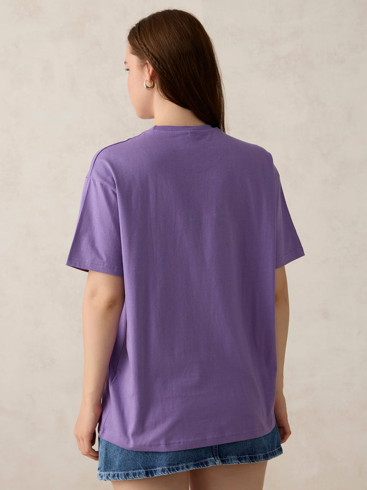 Purple Crew Neck Solid Oversized T-Shirt