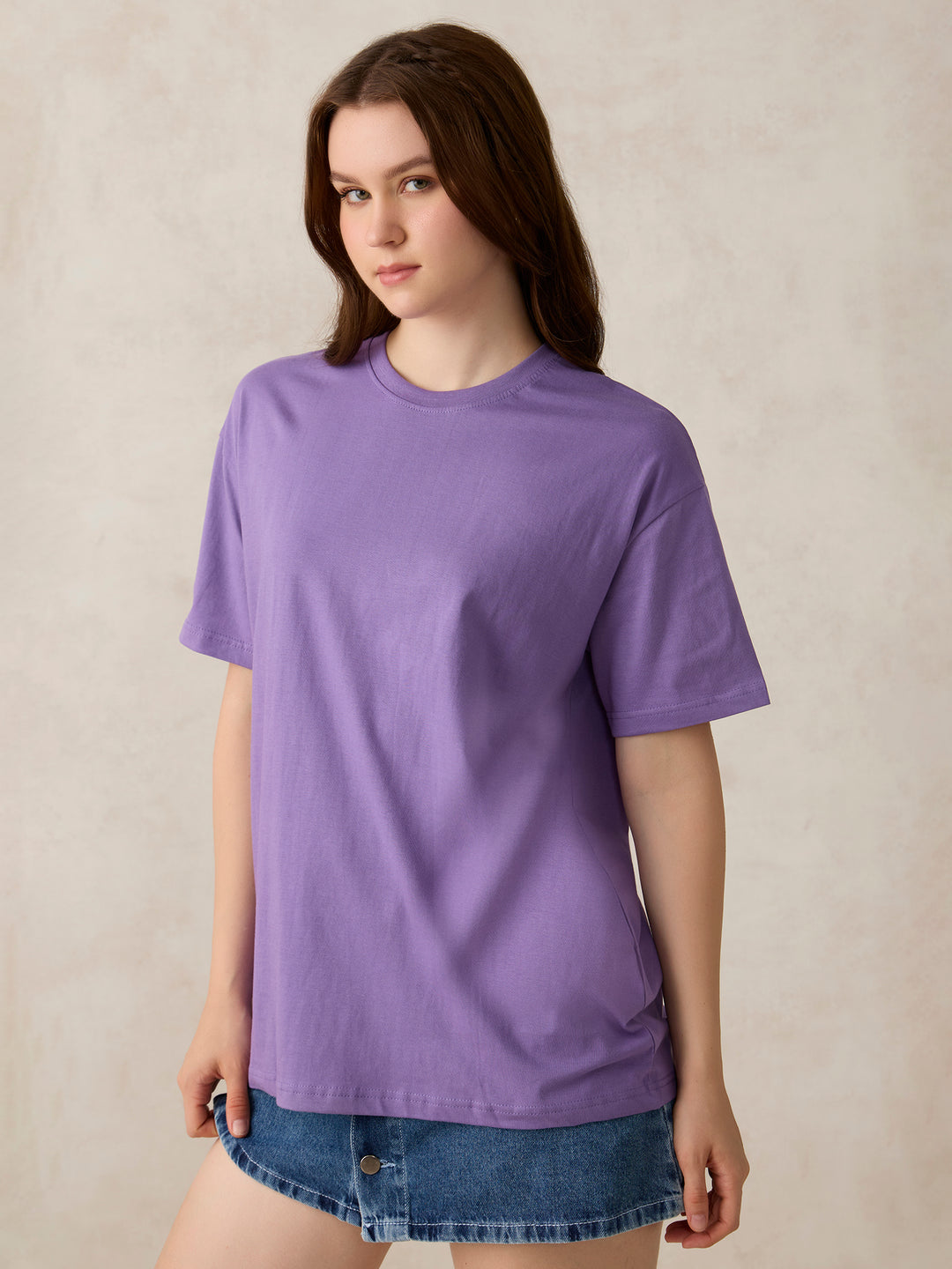 Purple Crew Neck Solid Oversized T-Shirt