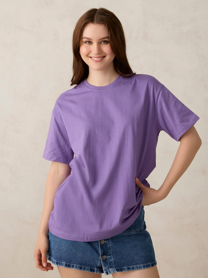 Purple Crew Neck Solid Oversized T-Shirt