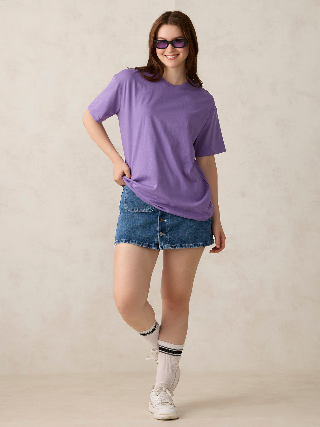 Purple Crew Neck Solid Oversized T-Shirt