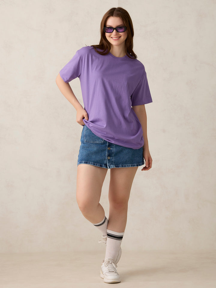 Purple Crew Neck Solid Oversized T-Shirt