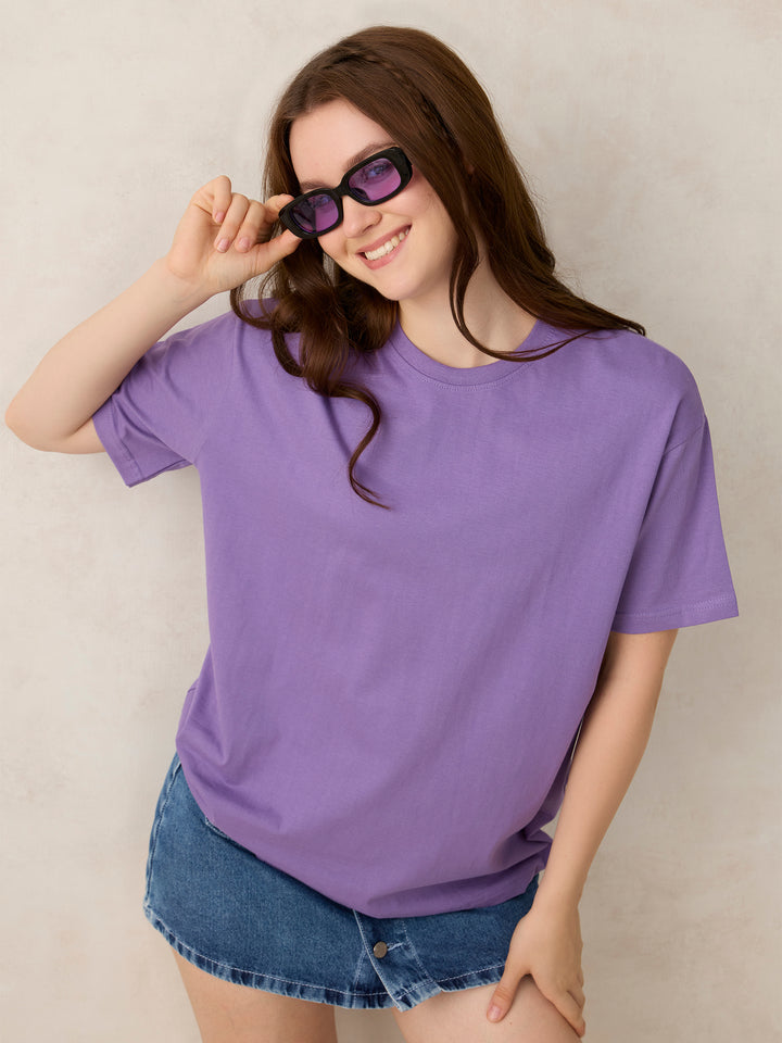 Purple Crew Neck Solid Oversized T-Shirt