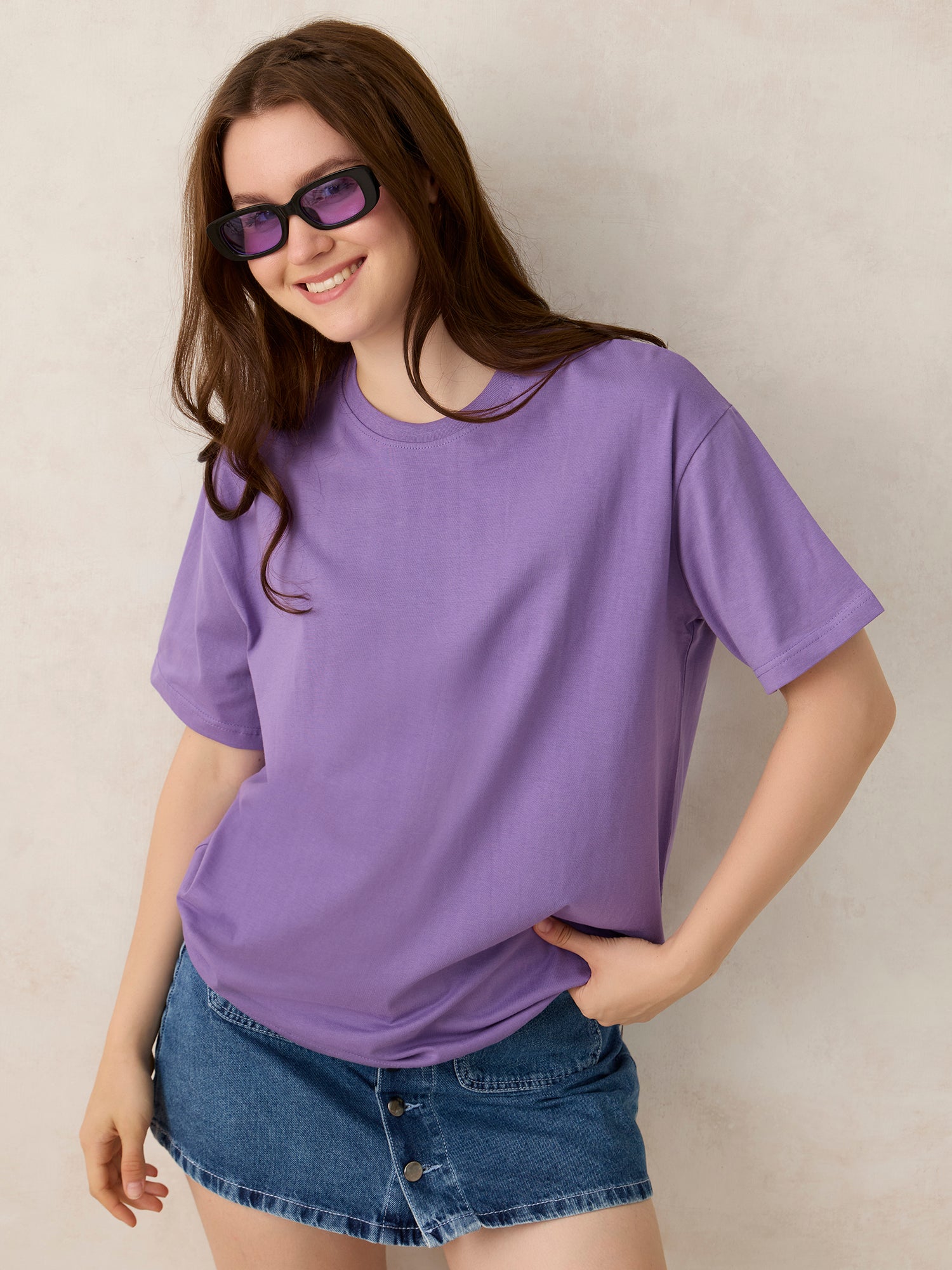 Purple Crew Neck Solid Oversized T-Shirt