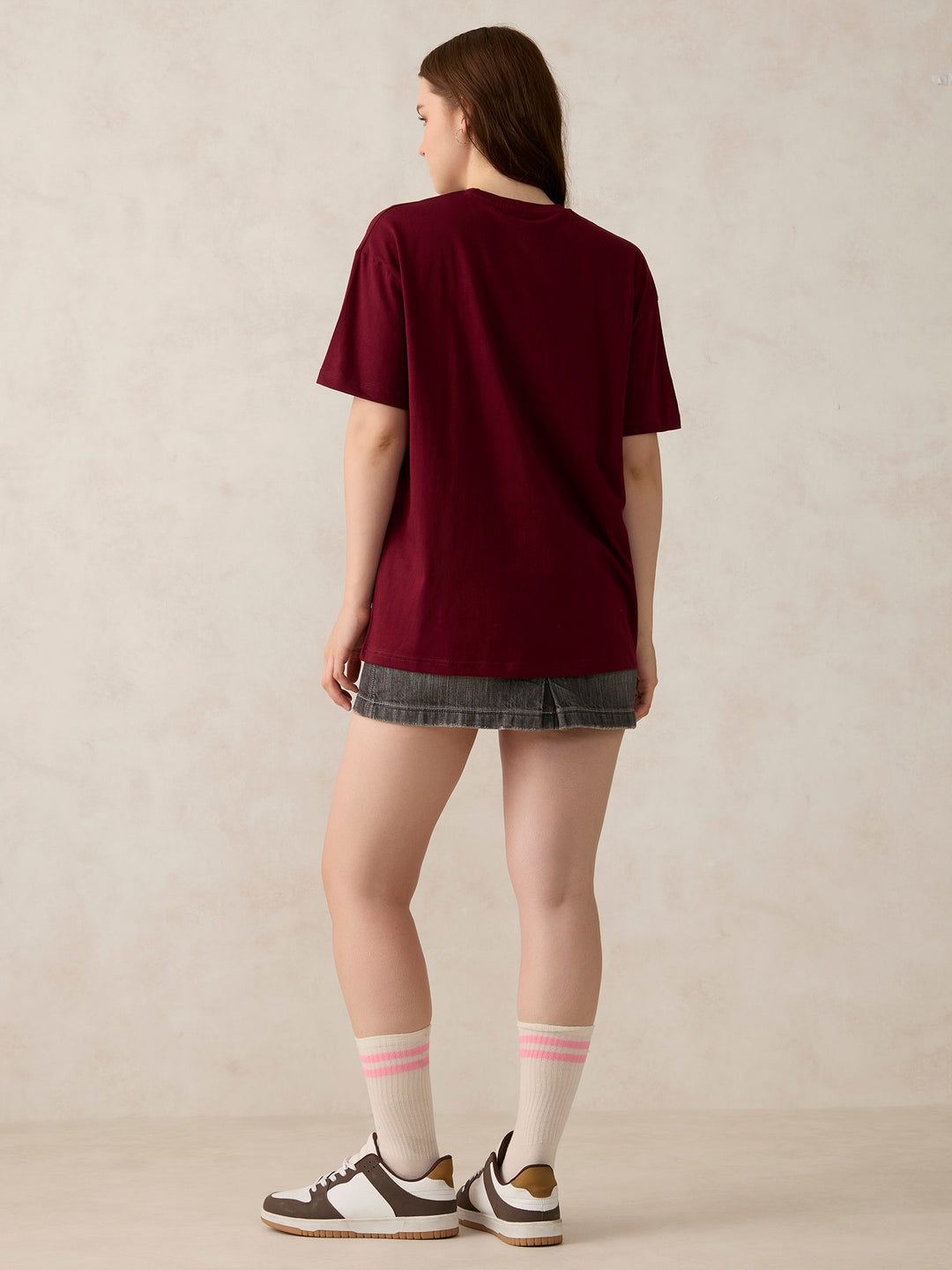 Maroon Crew Neck Solid Oversized T-Shirt