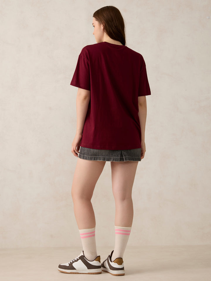 Maroon Crew Neck Solid Oversized T-Shirt