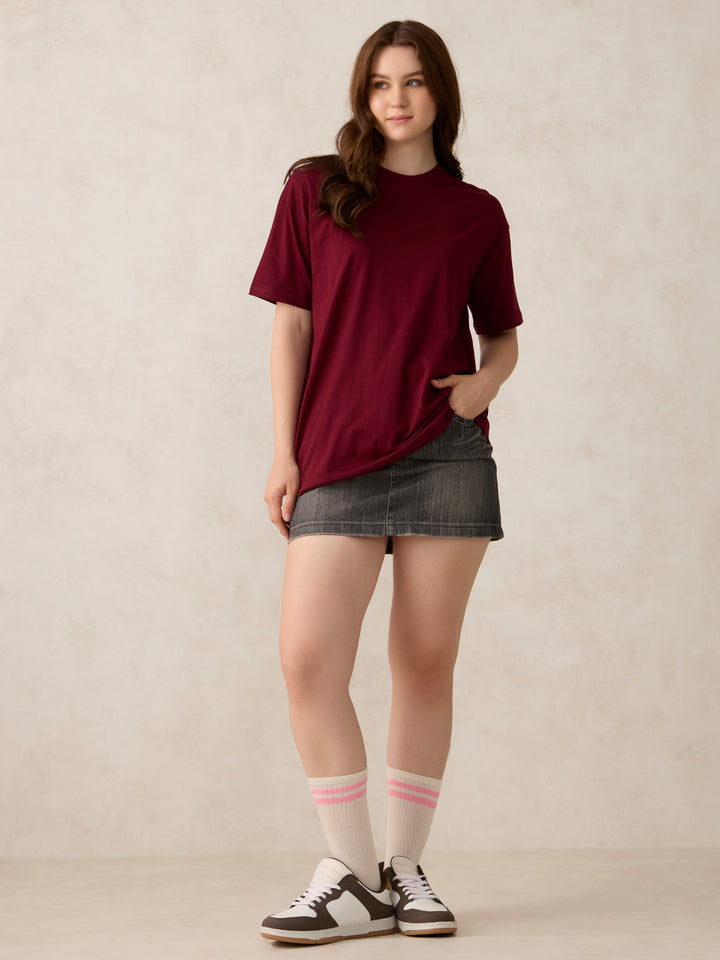 Maroon Crew Neck Solid Oversized T-Shirt