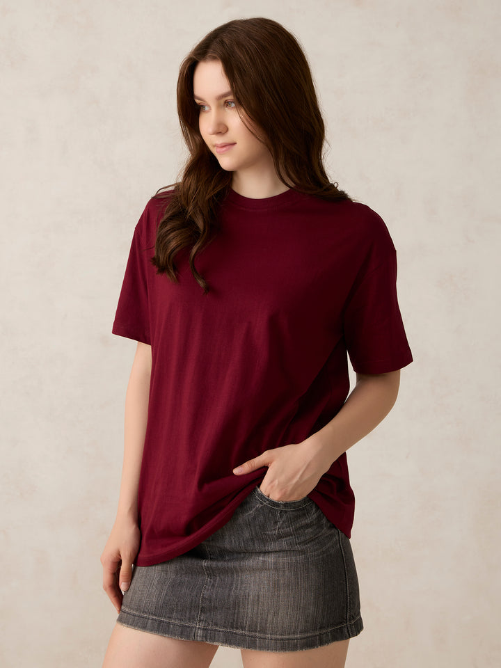 Maroon Crew Neck Solid Oversized T-Shirt