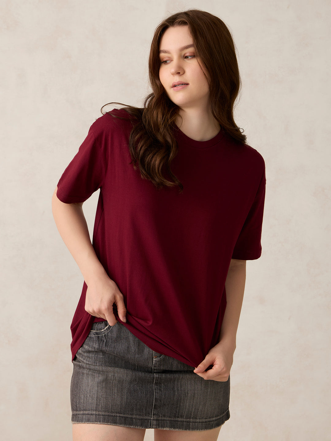 Maroon Crew Neck Solid Oversized T-Shirt