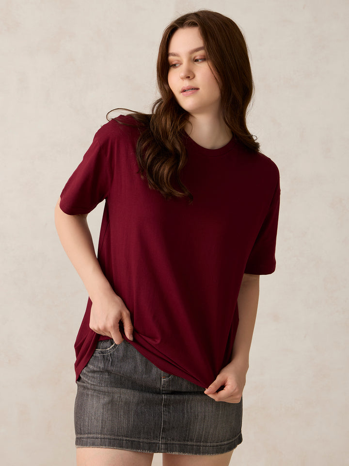 Maroon Crew Neck Solid Oversized T-Shirt
