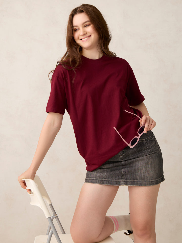 Maroon Crew Neck Solid Oversized T-Shirt