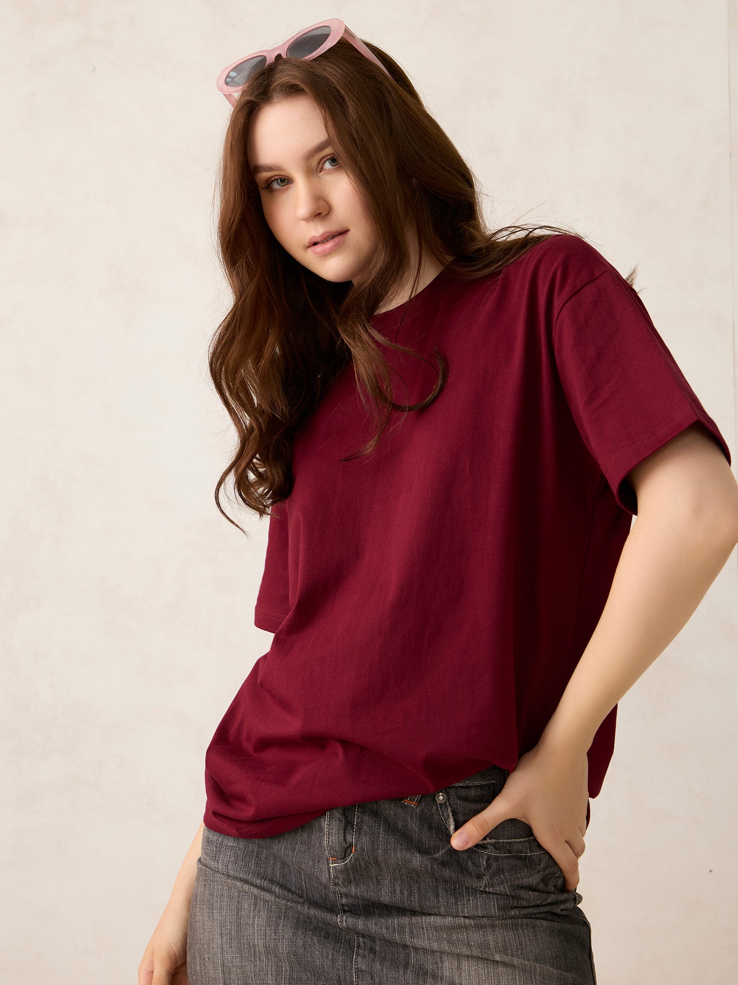 Maroon Crew Neck Solid Oversized T-Shirt