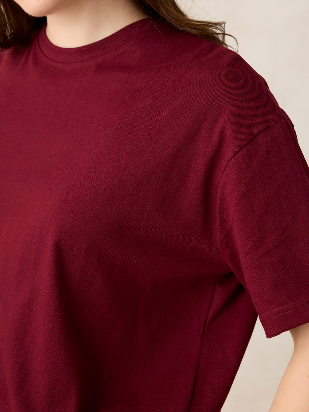 Maroon Crew Neck Solid Oversized T-Shirt