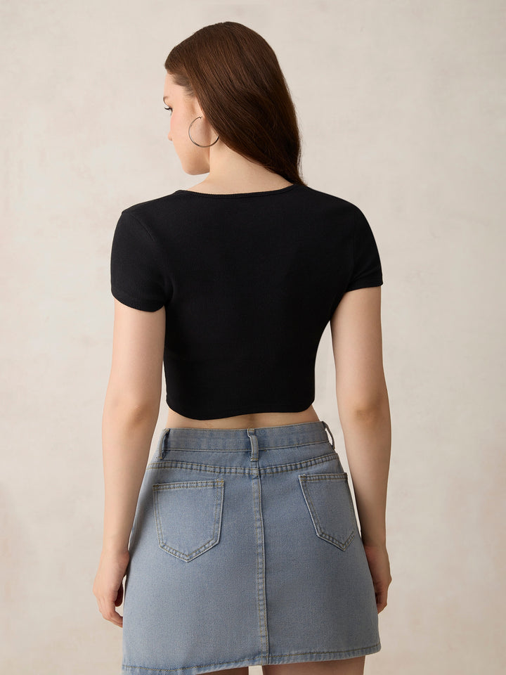 Black Basic Fitted V Neck Ribbed Top