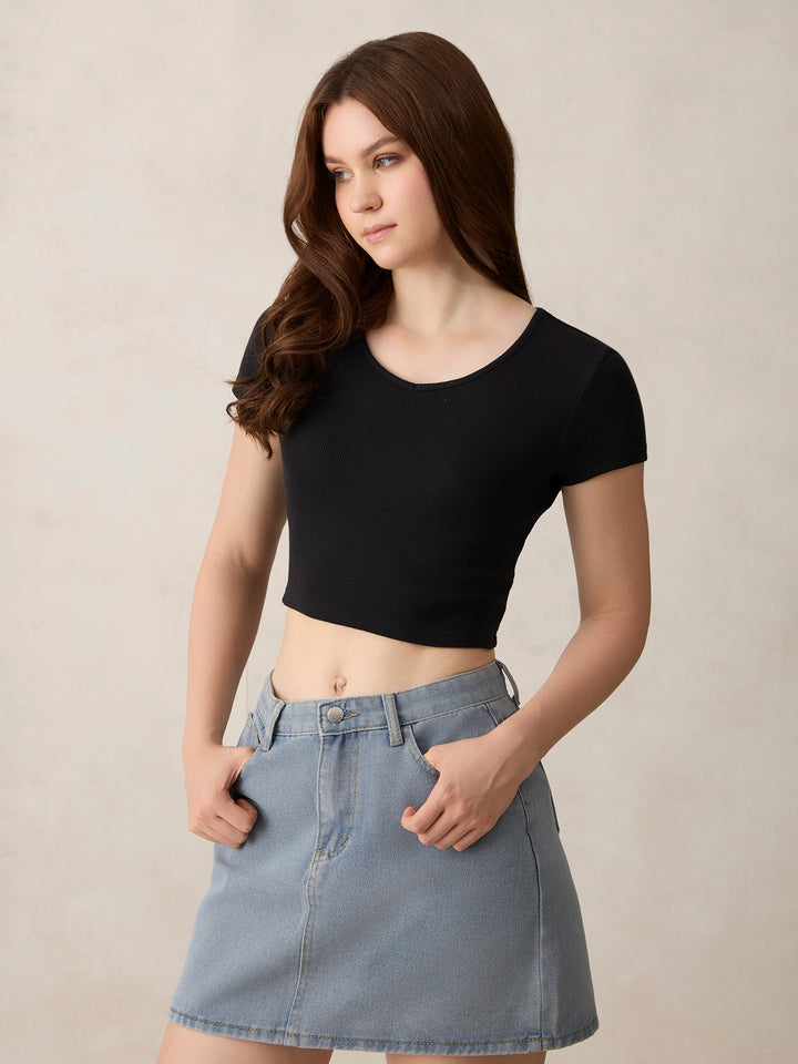 Black Basic Fitted V Neck Ribbed Top